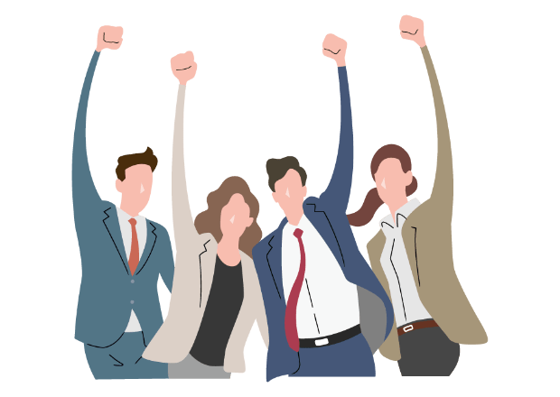 4人が片腕を上げているイラスト