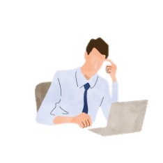 PCの前で悩んでいる男性