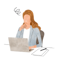 PCの前で悩んでいる女性